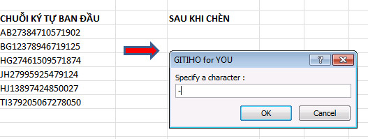 chen ky tu trong excel