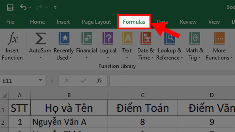 Mở file Excel cần hiện công thức > Chọn thẻ Formulas
