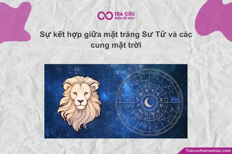 Biểu tượng chòm sao Sư Tử, Mặt Trăng và Mặt Trời kết hợp, thể hiện sự hòa quyện năng lượng.